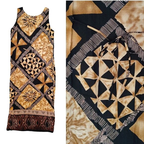 VTG 90s Brown Black Tribal Print Tie Back Midi Hawaiian Wiggle Dress Size LP - Picture 9 of 12